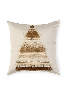 Off-White Tree Cushion Cover With Fringes