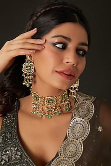 Gold Finish Green Kundan Polki Choker Necklace Set