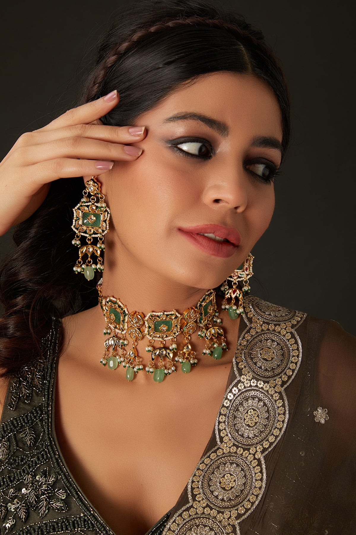 Gold Finish Green Kundan Polki Choker Necklace Set