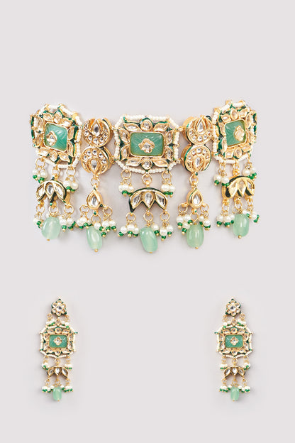 Gold Finish Green Kundan Polki Choker Necklace Set