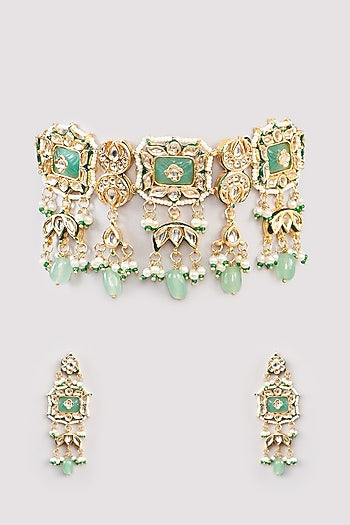 Gold Finish Green Kundan Polki Choker Necklace Set