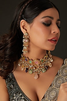 Gold Finish Multi-Colored Kundan Polki Choker Necklace Set