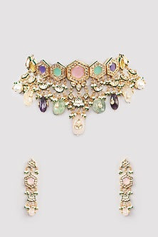 Gold Finish Multi-Colored Kundan Polki Choker Necklace Set