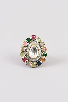 Gold Finish Multi-Colored Kundan Polki Ring
