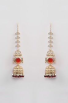 Gold Finish Red Kundan Polki Jhumka Earrings