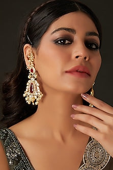 Gold Finish Red Kundan Polki Chandbali Earrings