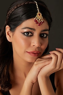 Gold Finish Kundan Polki & Red Beaded Maangtikka