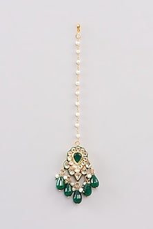 Gold Finish Kundan Polki & Green Beaded Maangtikka