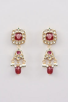 Gold Finish Red Kundan Polki Dangler Earrings