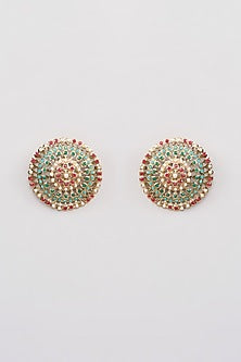 Gold Finish Multi-Colored Jadau Kundan Polki Stud Earrings