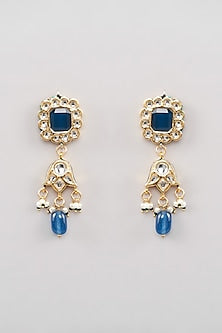 Gold Finish Blue Kundan Polki Dangler Earrings