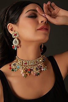 Gold Finish Multi-Colored Kundan Polki & Semi-Precious Beaded Choker Necklace Set