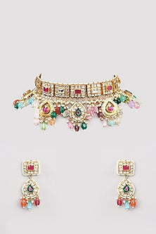 Gold Finish Multi-Colored Kundan Polki & Semi-Precious Beaded Choker Necklace Set