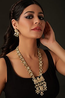 Gold Finish Pachi Kundan Polki Long Necklace Set