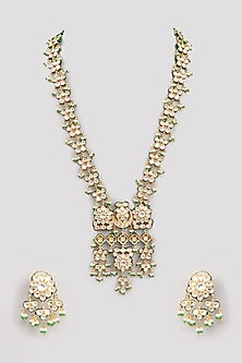Gold Finish Pachi Kundan Polki Long Necklace Set
