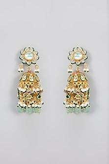 Gold Finish Kundan Polki & Pearl Handcrafted Jhumka Earrings
