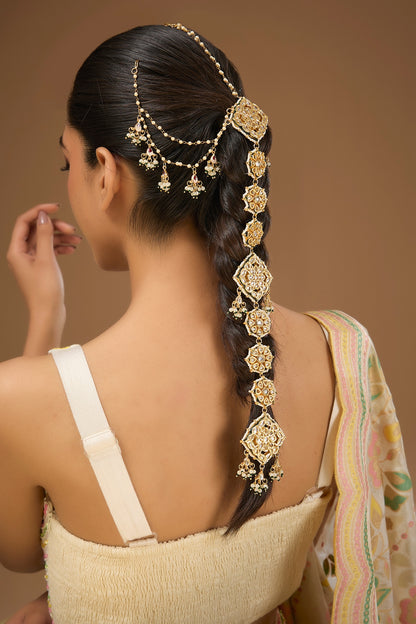 Gold Finish Kundan Polki Hair Braid Accessory