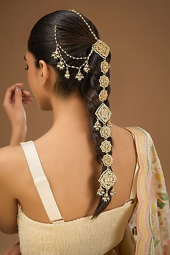 Gold Finish Kundan Polki Hair Braid Accessory