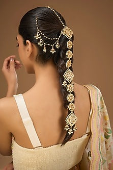 Gold Finish Kundan Polki Hair Braid Accessory