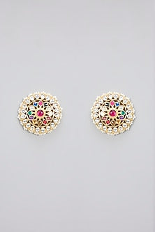 Gold Finish Pachi Kundan Polki & Navratna Stone Handcrafted Stud Earrings