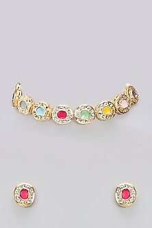 Gold Finish Multi-Colored Kundan Polki Handcrafted Choker Necklace Set