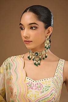 Gold Finish Kundan Polki & Green Carved Stone Handcrafted Choker Necklace Set