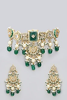 Gold Finish Kundan Polki & Green Carved Stone Handcrafted Choker Necklace Set