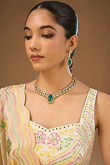 Gold Finish Kundan Polki & Green Doublet Stone Handcrafted Necklace Set