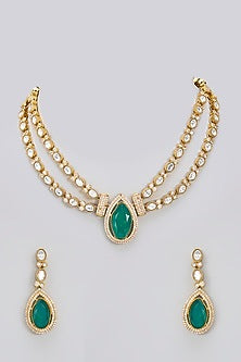 Gold Finish Kundan Polki & Green Doublet Stone Handcrafted Necklace Set