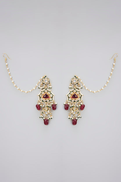 Gold Finish Kundan Polki & Red Beaded Handcrafted Dangler Earrings