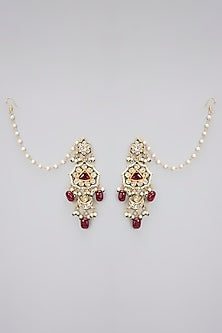 Gold Finish Kundan Polki & Red Beaded Handcrafted Dangler Earrings