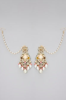 Gold Finish Kundan Polki & White Beaded Handcrafted Dangler Earrings