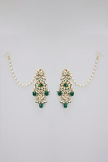 Gold Finish Kundan Polki & Green Beaded Handcrafted Dangler Earrings