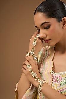 Gold Finish Kundan Polki & Pearl Handcrafted Haathphool (Set Of 2)