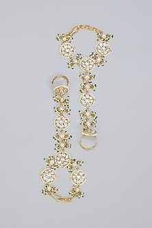 Gold Finish Kundan Polki & Pearl Handcrafted Haathphool (Set Of 2)