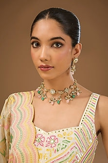 Gold Finish Kundan Polki & Mint Carved Stone Handcrafted Choker Necklace Set