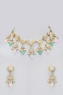 Gold Finish Kundan Polki & Mint Carved Stone Handcrafted Choker Necklace Set