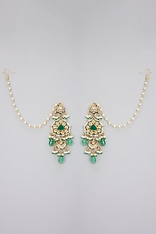 Gold Finish Kundan Polki & Green Beaded Handcrafted Dangler Earrings