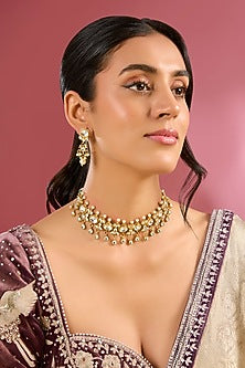 Gold Finish Kundan Polki Handcrafted Choker Necklace Set