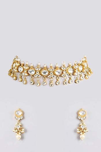 Gold Finish Kundan Polki Handcrafted Choker Necklace Set