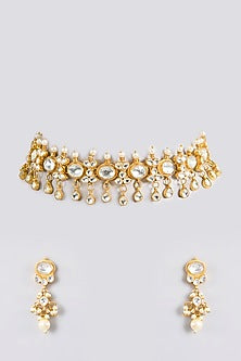 Gold Finish Kundan Polki Handcrafted Choker Necklace Set