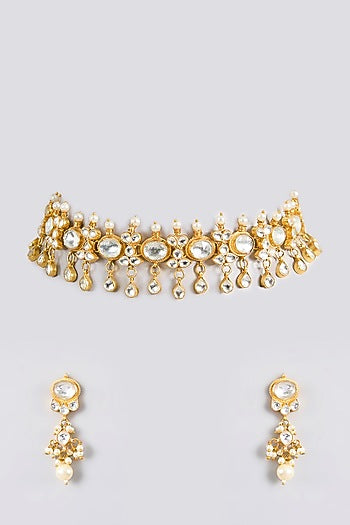 Gold Finish Kundan Polki Handcrafted Choker Necklace Set