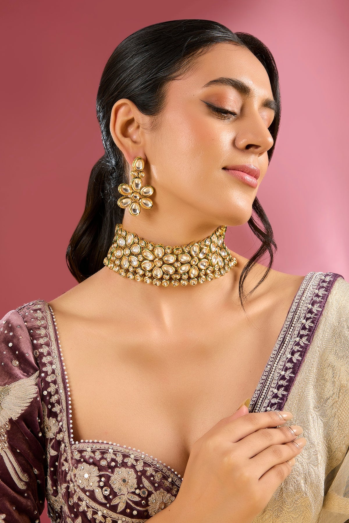 Gold Finish Kundan Polki Handcrafted Choker Necklace Set