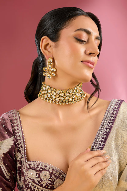 Gold Finish Kundan Polki Handcrafted Choker Necklace Set