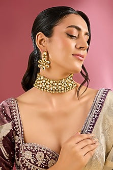 Gold Finish Kundan Polki Handcrafted Choker Necklace Set