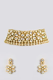 Gold Finish Kundan Polki Handcrafted Choker Necklace Set