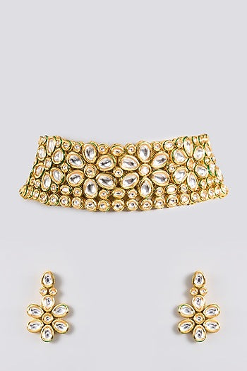 Gold Finish Kundan Polki Handcrafted Choker Necklace Set