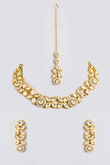 Gold Finish Kundan Polki Handcrafted Necklace Set