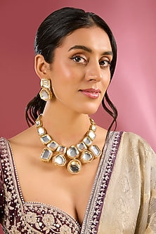 Gold Finish Kundan Polki Handcrafted Necklace Set