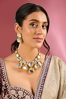 Gold Finish Kundan Polki Handcrafted Necklace Set